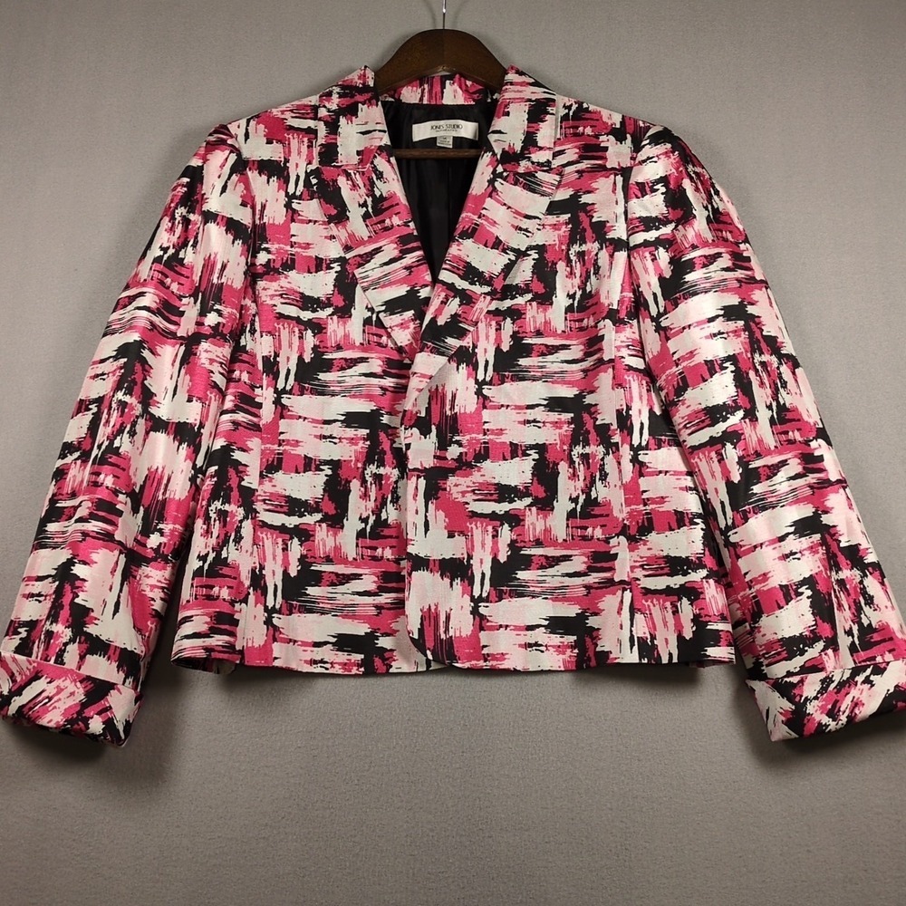 Jones Studio Separates SZ 14 Blazer Pink White Abstract Long Sleeve Open Front